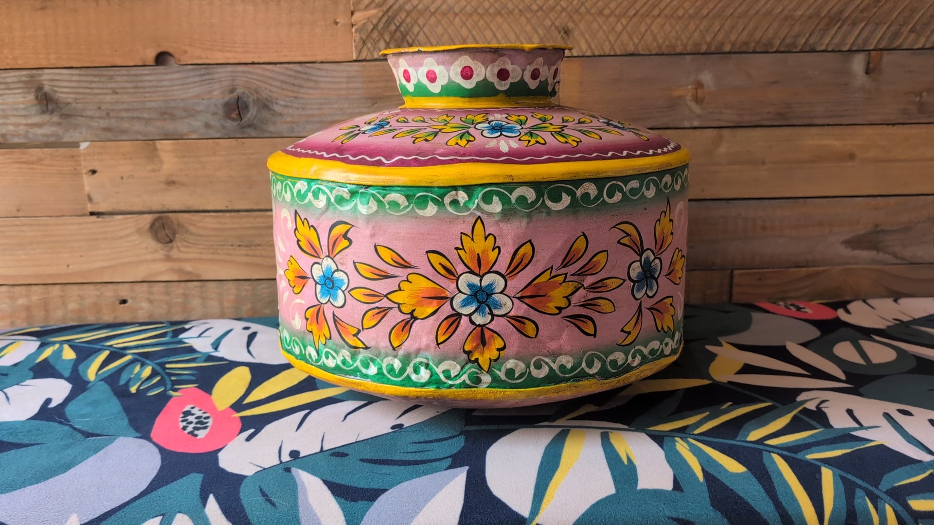 Hand-Painted Pink Indian Watering Pot | Colourful Boho Metal Planter