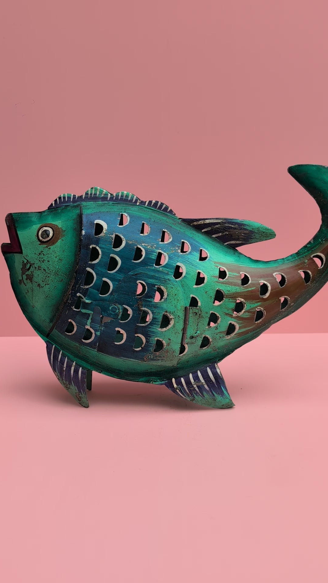 Funky Fish Lantern – Hand-Painted Boho Coastal Candle Holder